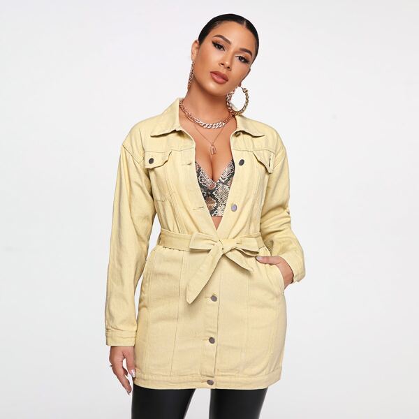 

Single Breasted Belted Denim Dress, Yellow pastel