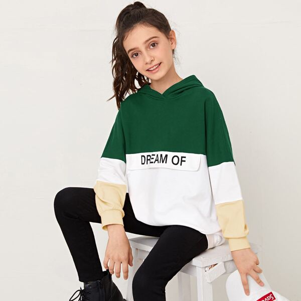 

Girls Letter Graphic Flap Detail Drop Shoulder Longline Hoodie, Multicolor