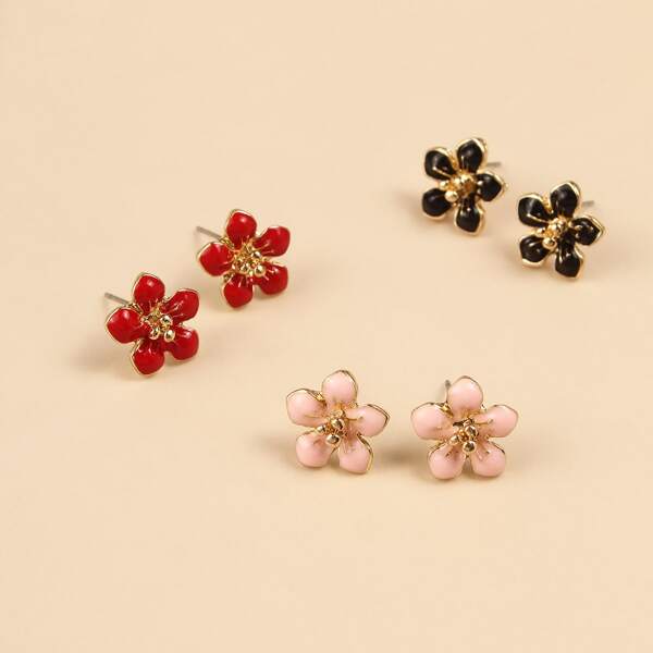 

3pairs Flower Shaped Stud Earrings, Multicolor