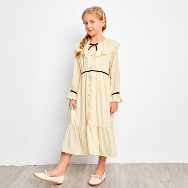 

Girls Knotted Front Contrast Trim Ruffle Dress, Beige