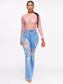 SHEIN SXY Jeans de pierna amplia rotos bajo crudo - Lavado ligero - Ver 1