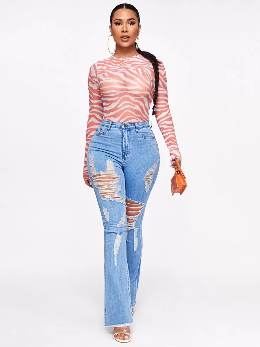 SHEIN SXY Jeans de pierna amplia rotos bajo crudo - Lavado ligero - Ver 1