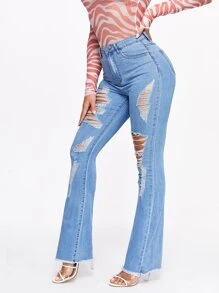 SHEIN SXY Jeans de pierna amplia rotos bajo crudo - Lavado ligero - Ver 3