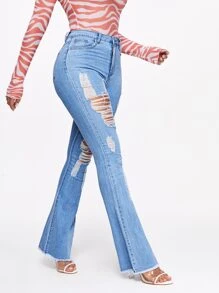 SHEIN SXY Jeans de pierna amplia rotos bajo crudo - Lavado ligero - Ver 4