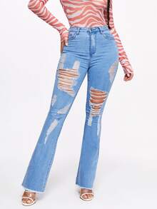 SHEIN SXY Jeans de pierna amplia rotos bajo crudo - Lavado ligero - Ver 5