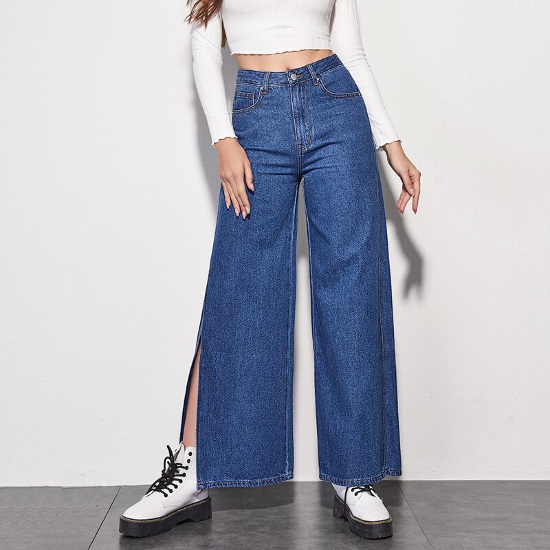 

Slit Hem Wide Leg Jeans Without Belt, Medium wash