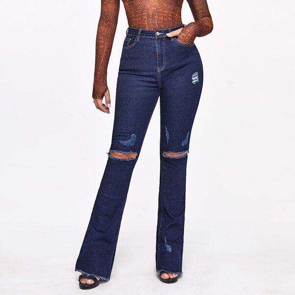

Raw Hem Ripped Flare Leg Jeans, Dark wash