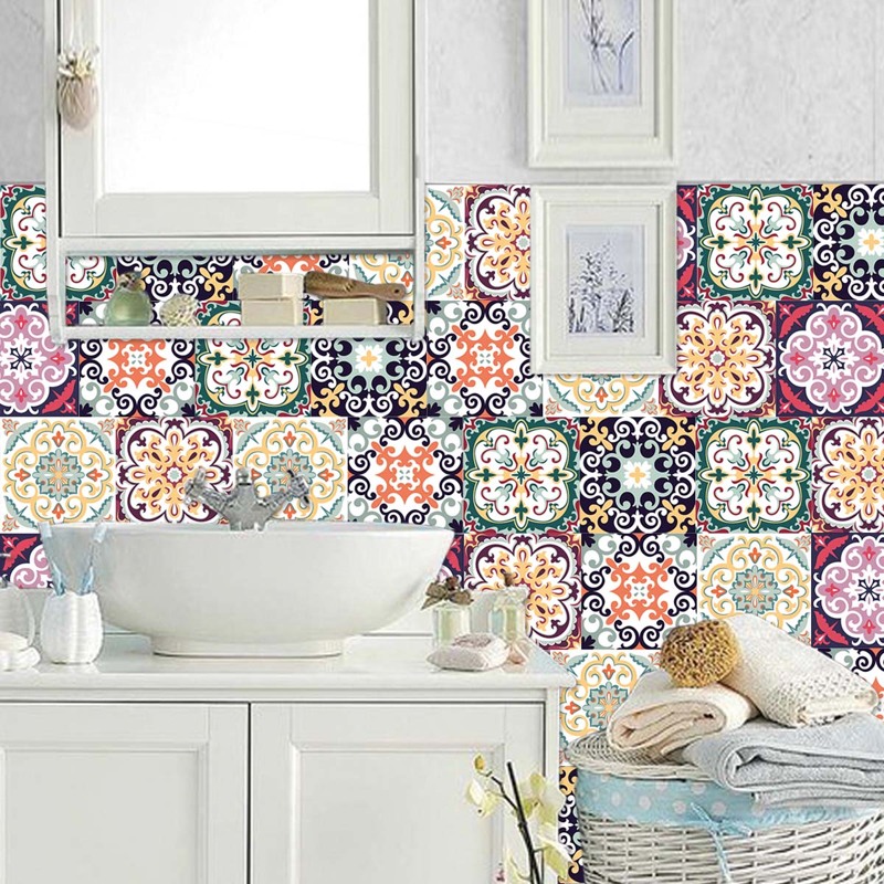 

6sheets Vintage Tile Wall Sticker, Multicolor