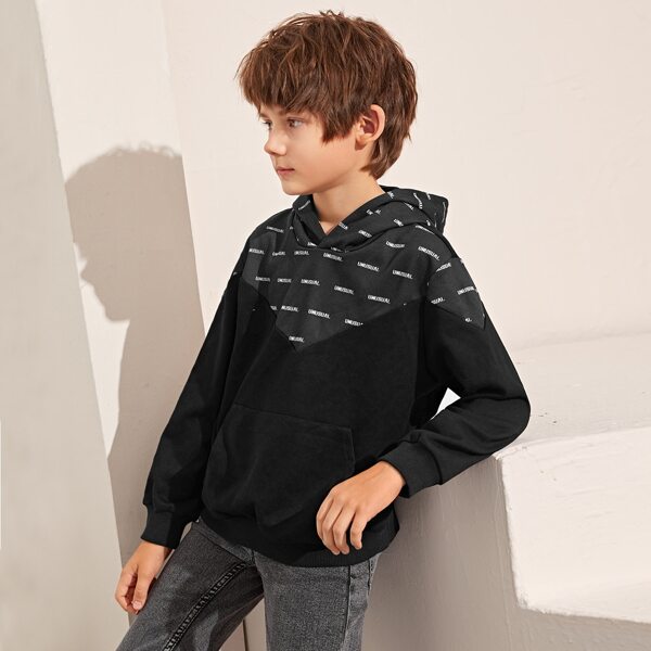 

Boys Letter Graphic Pocket Front Hoodie, Black