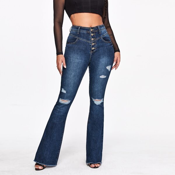 

High Waisted Button Front Flare Leg Jeans, Dark wash
