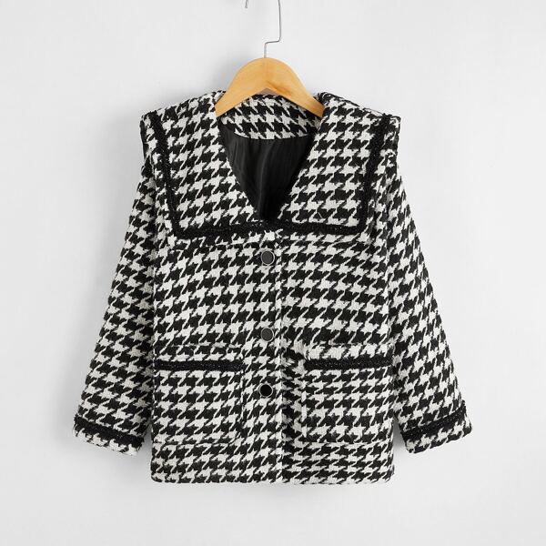 

Girls Double Pocket Houndstooth Coat, Black and white