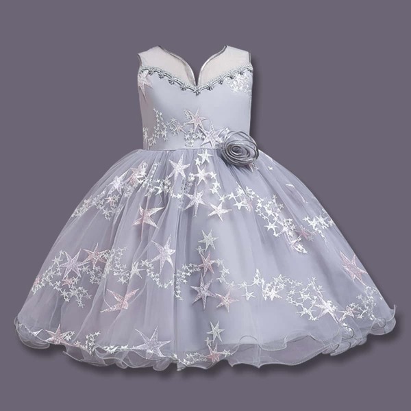 

Girls Star Pattern Flower Applique Tie Back Party Dress, Light grey