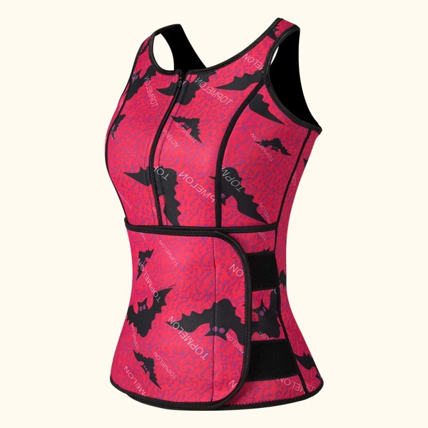 

Plus Bat Print Zip Front Waist Trainer, Red