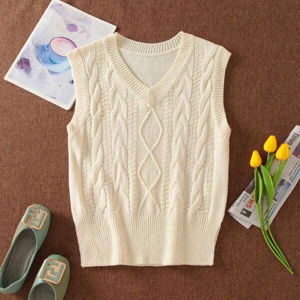 

Cable Knit V-neck Sweater Vest, Beige