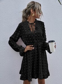 Dress Frill Plain Boho - Hitam - View 1
