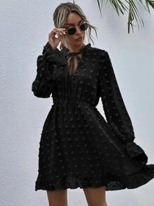 Dress Frill Plain Boho - Hitam - View 3
