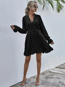 Dress Frill Plain Boho - Hitam - View 4