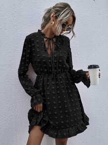 Dress Frill Plain Boho - Hitam - View 5