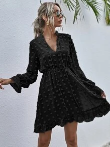 Dress Frill Plain Boho - Hitam - View 6