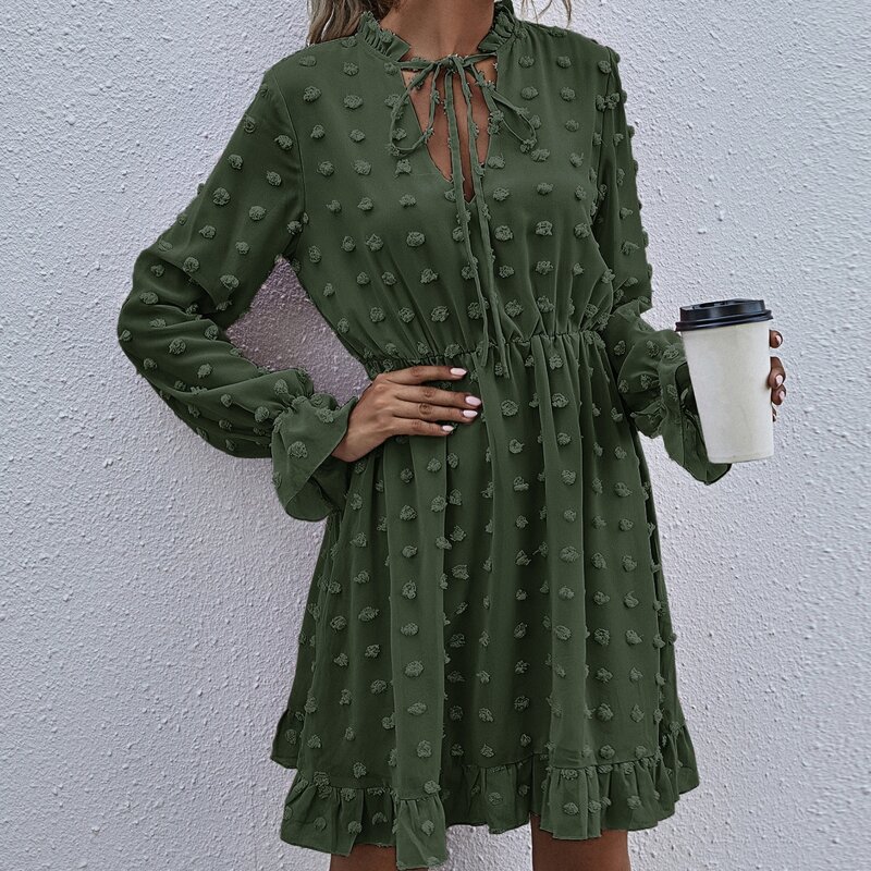 

Swiss Dot Tie Neck A-line Dress, Dark green