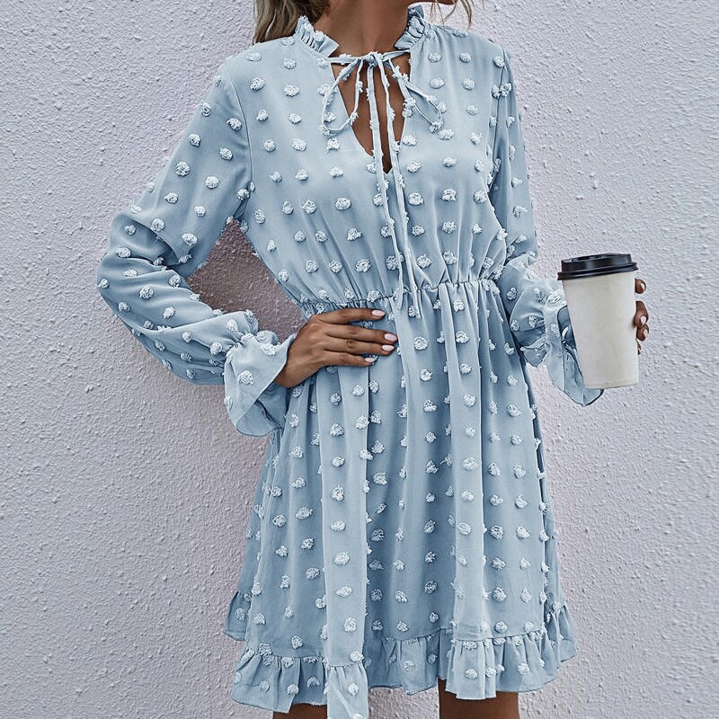

Swiss Dot Tie Neck A-line Dress, Baby blue