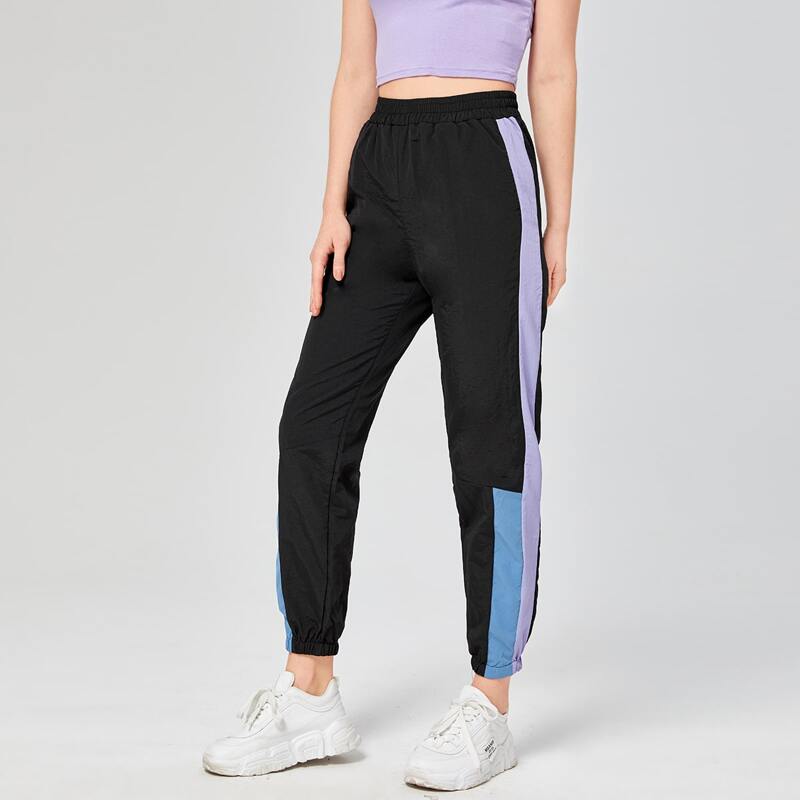 

Elastic Waist Contrast Tape Pants, Black