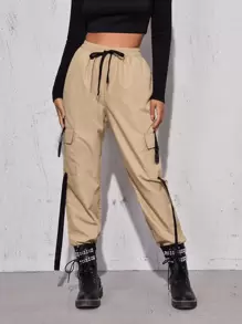 SHEIN Coolane Tape Drawstring Waist Cargo Trousers - Khaki - View 5
