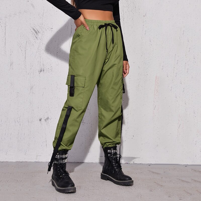 

Tape Drawstring Waist Cargo Pants, Army green