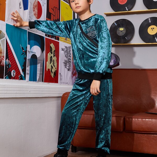

Boys Letter Embroidered Velvet Pullover & Joggers Set, Teal blue