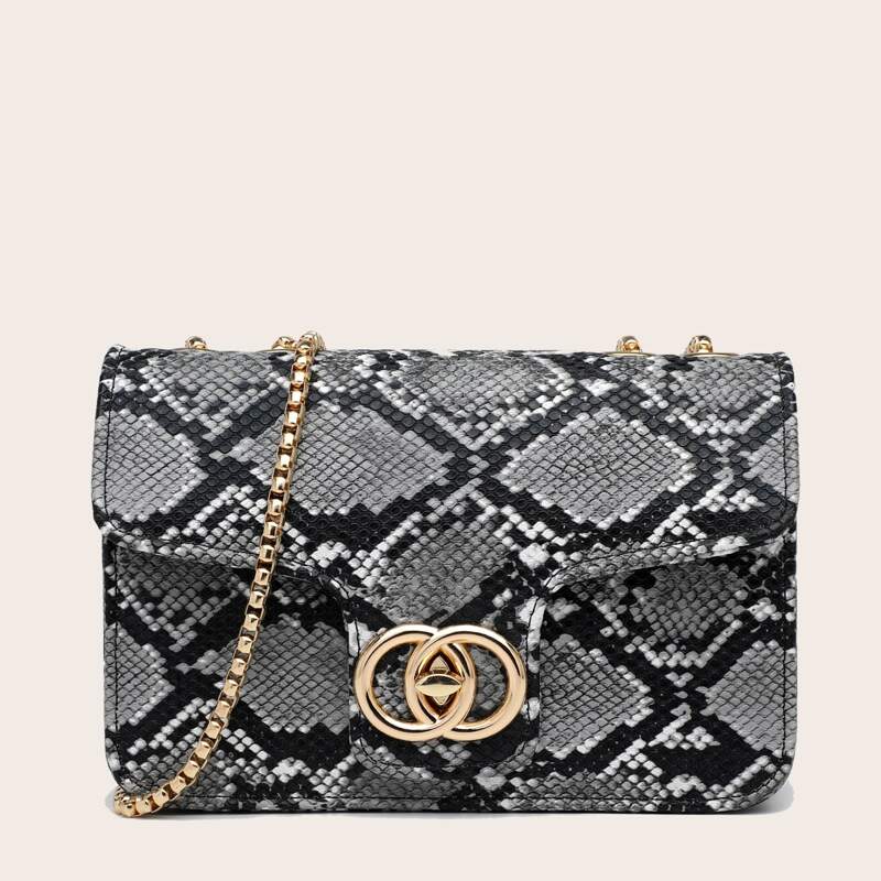 

Turn-Lock Snakeskin Graphic Crossbody Bag, Black and white