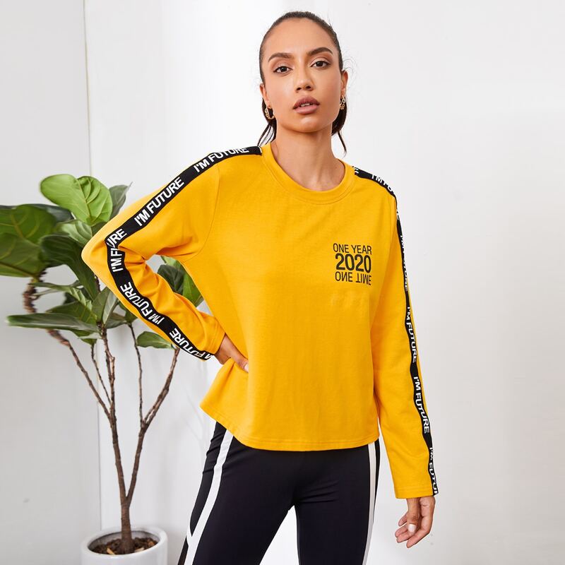 

Letter Graphic Slogan Tape Sleeve Top, Yellow