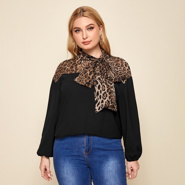 

Plus Tie Neck Leopard Panel Blouse, Black