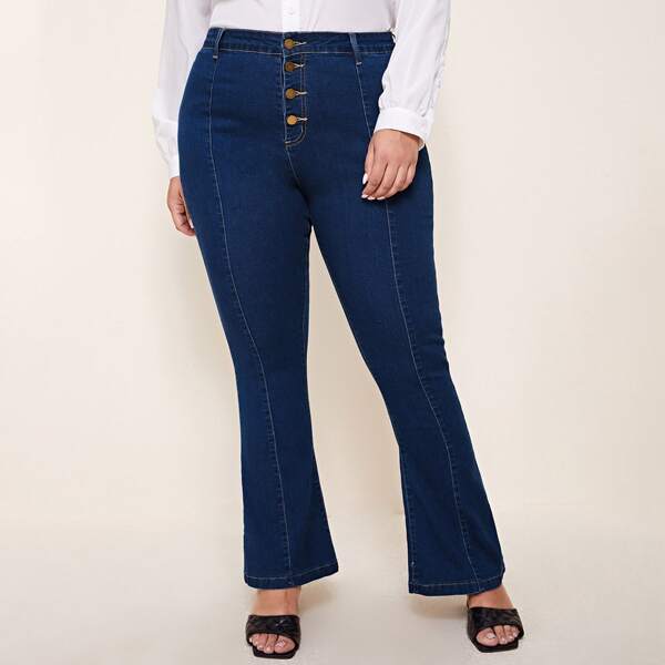 

Plus Button Front Flare Leg Jeans, Dark wash