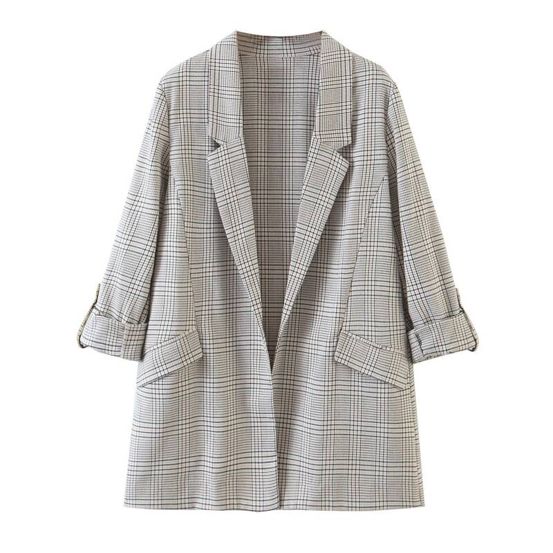 

Plaid Print Roll Up Sleeve Blazer, Light grey