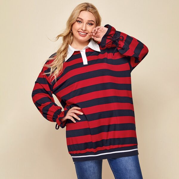

Plus Polo Collar Drawstring Sleeve Striped Sweatshirt, Multicolor