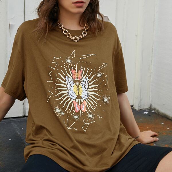 

Butterfly & Galaxy Print Oversized Tee, Mocha brown
