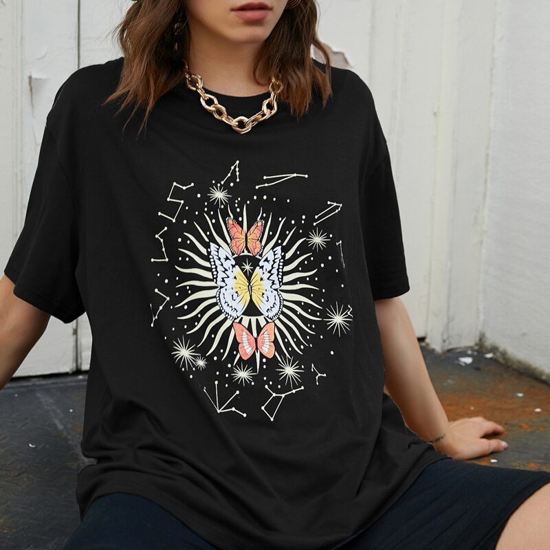 

Butterfly & Galaxy Print Oversized Tee, Black