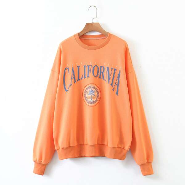 

Letter And Tropical Print Sweatshirt, Orange