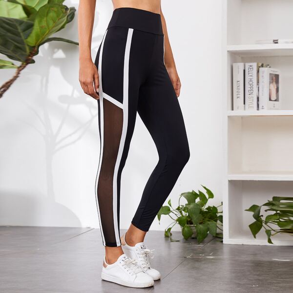

Wide Waistband Mesh Insert Contrast Trim Leggings, Black