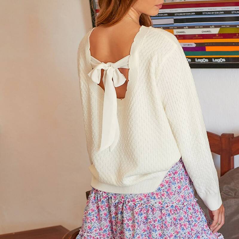 

Scallop Trim Tie Back Sweater, Beige