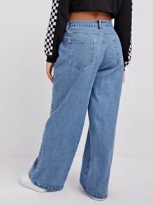 Jeans de pierna ancha con bolsillo oblicuo - Azul lavado medio - Ver 2