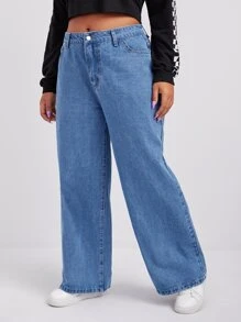 Jeans de pierna ancha con bolsillo oblicuo - Azul lavado medio - Ver 3