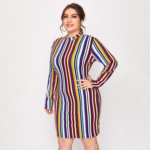 

Plus Mock Neck Striped Fitted Dress, Multicolor