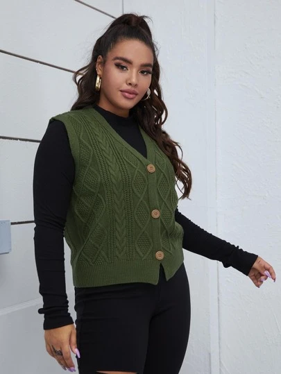 Plus Cable Knit Button Up Sweater Vest