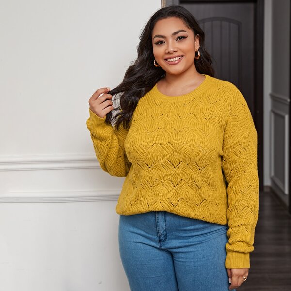 

Plus Pointelle Knit Solid Sweater, Mustard yellow