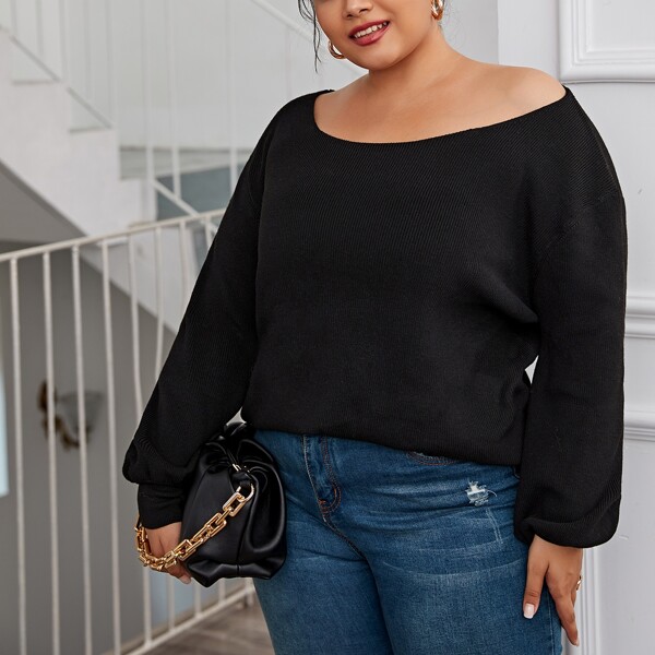 

Plus Boat Neck Drop Shoulder Sweater, Black