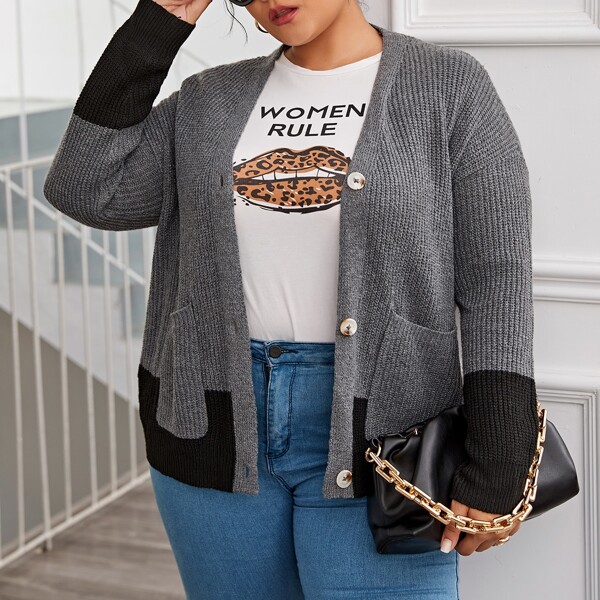 

Plus Double Pocket Color Block Cardigan, Grey