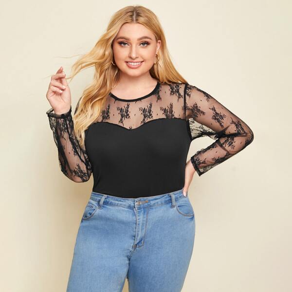 

Plus Contrast Mesh Top, Black