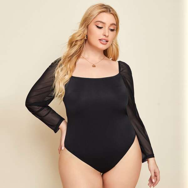 

Plus Solid Contrast Mesh Sleeve Bodysuit, Black