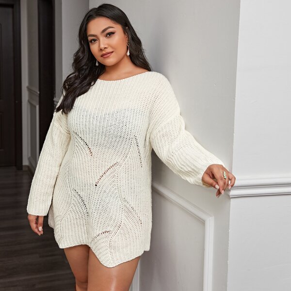 

Plus Asymmetrical Hem Drop Shoulder Sweater Dress, White